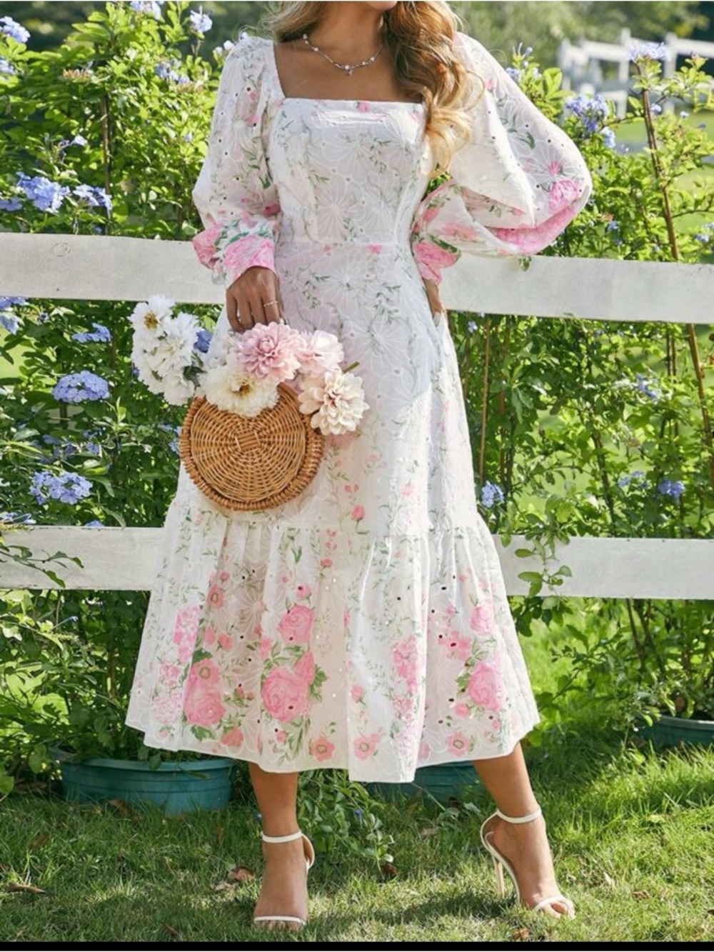 Floral White and Pink Puff-Sleeve Midi Dress. NWOT. Size L 8/10